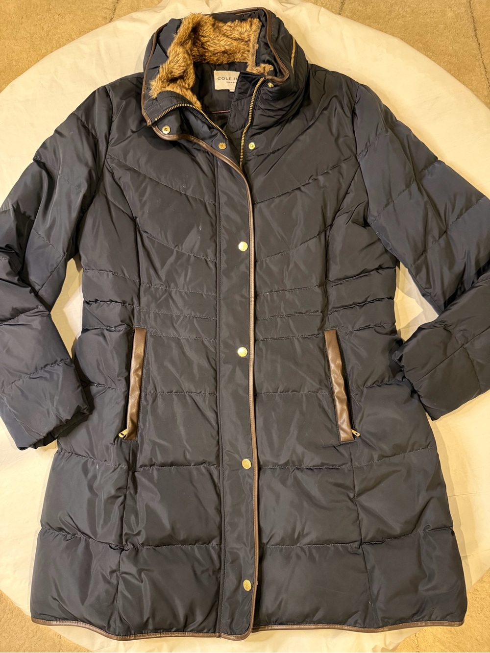 Cole Haan Navy Quilted Puffer Coat with Faux-Fur and Leather Trim
